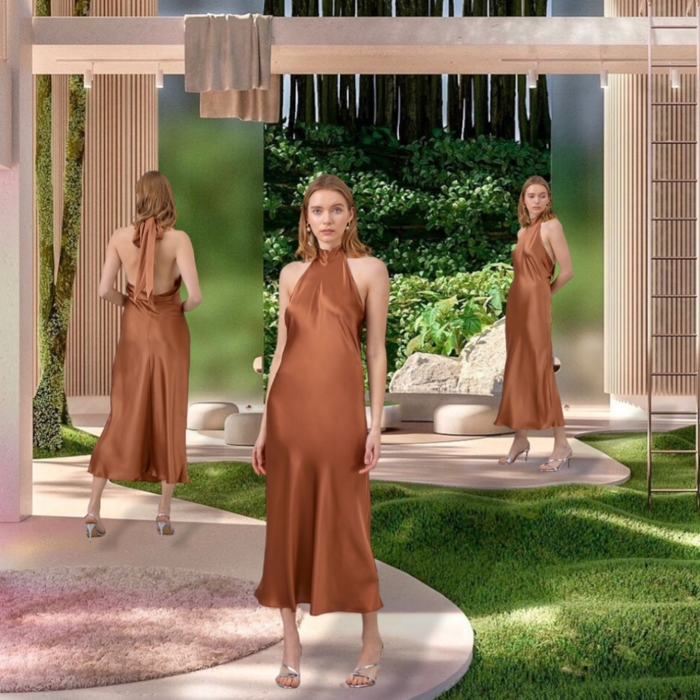 Silk Maison French Bow Halterneck 100% Silk Maxi Slip Dress Copper S Mocha Mouss